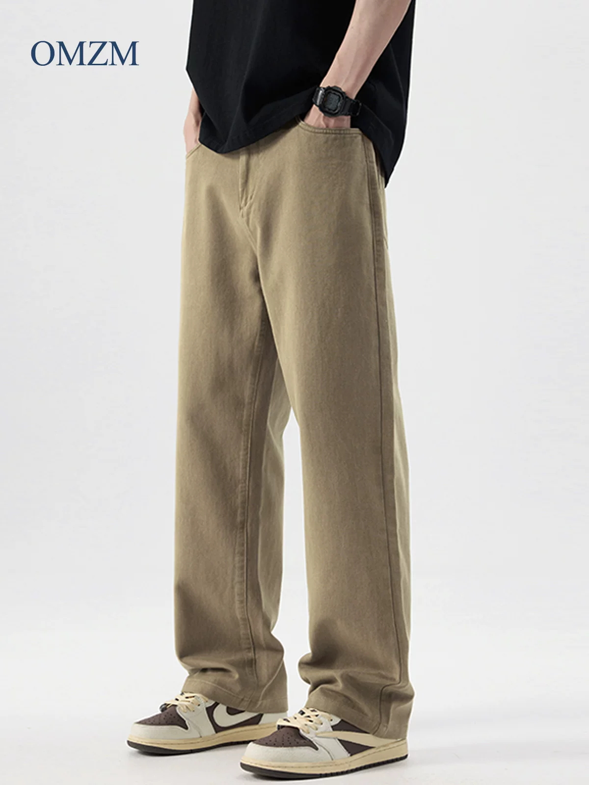 Quần dài ống đứng bằng vải cotton nguyên chất lót lông cừu hạng nặng OMZM dành cho nam, quần dài ống rộng màu kaki cổ điển kiểu Mỹ mùa thu đông