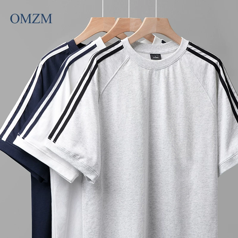 Áo thun ngắn tay ba sọc bằng cotton nguyên chất hạng nặng 300G dành cho nam và nữ, áo thun ngắn tay kiểu raglan phong cách Mỹ mùa hè, áo thun nửa tay cổ tròn sọc