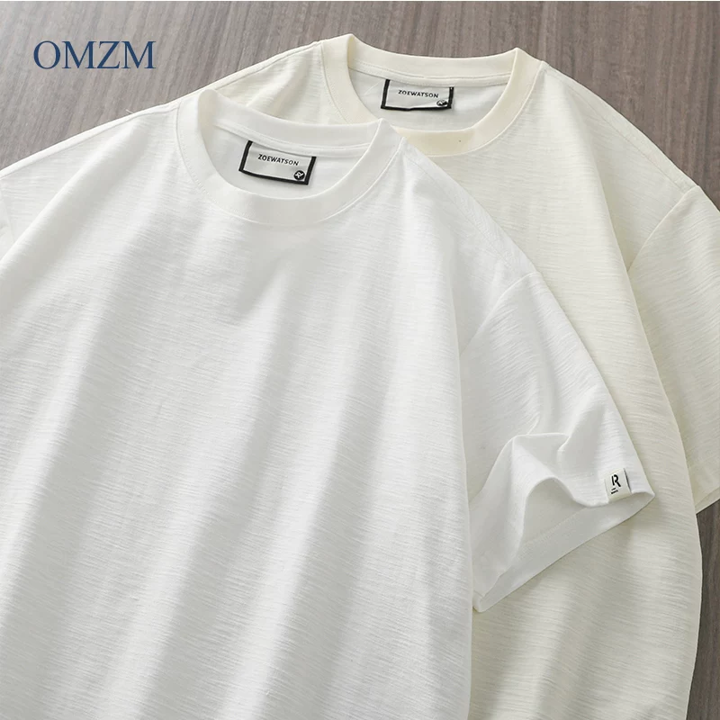 Áo thun nam tay ngắn chất cotton dày dặn 340g kiểu Mỹ cổ điển, mùa hè chất liệu cotton nguyên chất cổ tròn màu trắng tinh khiết phong cách núi non nửa tay
