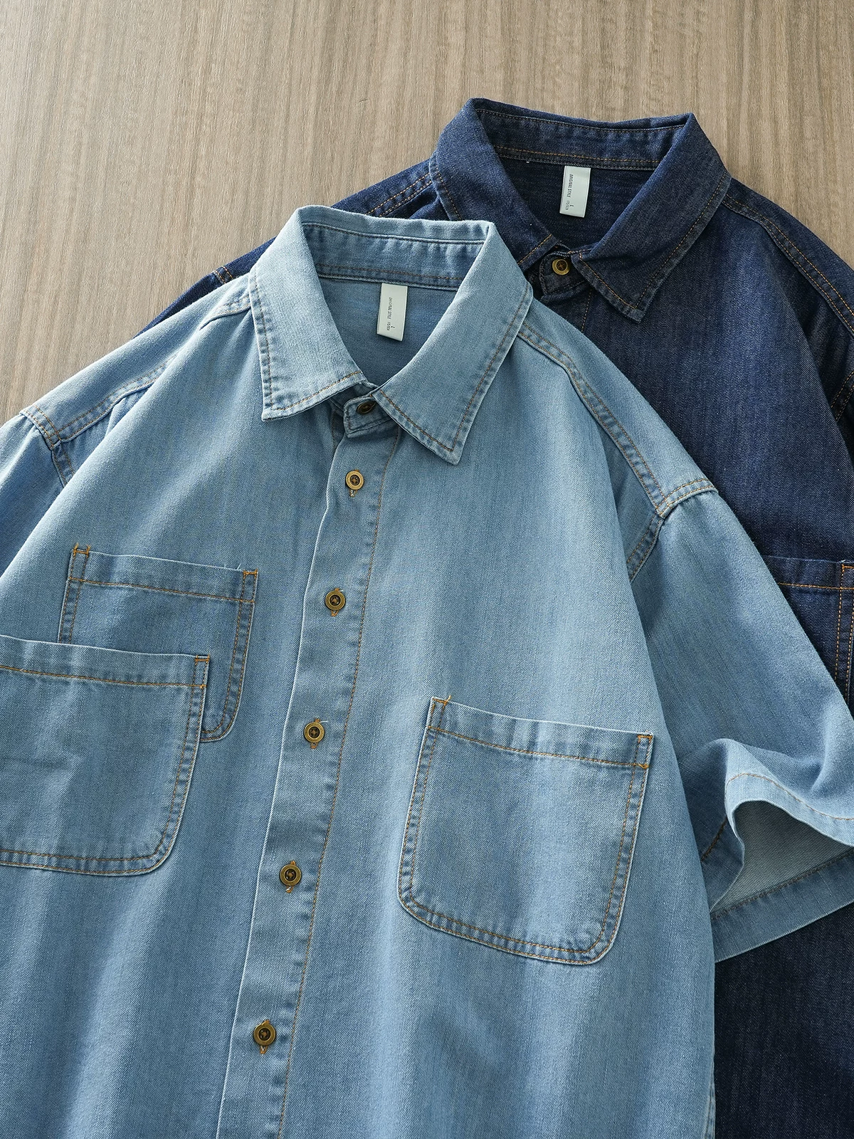 OMZM Áo sơ mi denim phong cách Mỹ dành cho nam giới tay ngắn mùa hè cao cấp cổ điển đã giặt áo sơ mi nhiều túi áo khoác