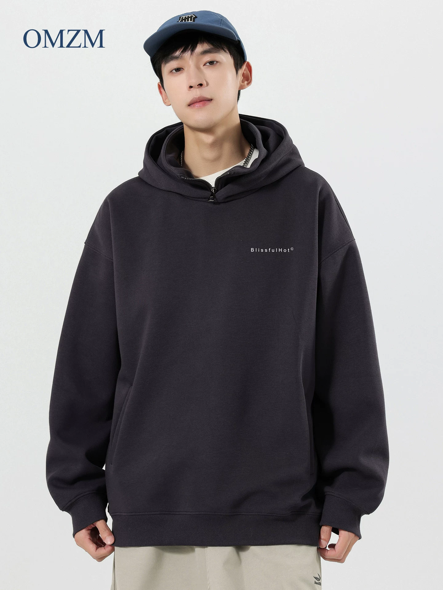 Áo nỉ có mũ giả hai mảnh OMZM dành cho nam, mùa thu đông, áo chui đầu in chữ hạng nặng 320G, áo khoác nửa khóa kéo phong cách Mỹ