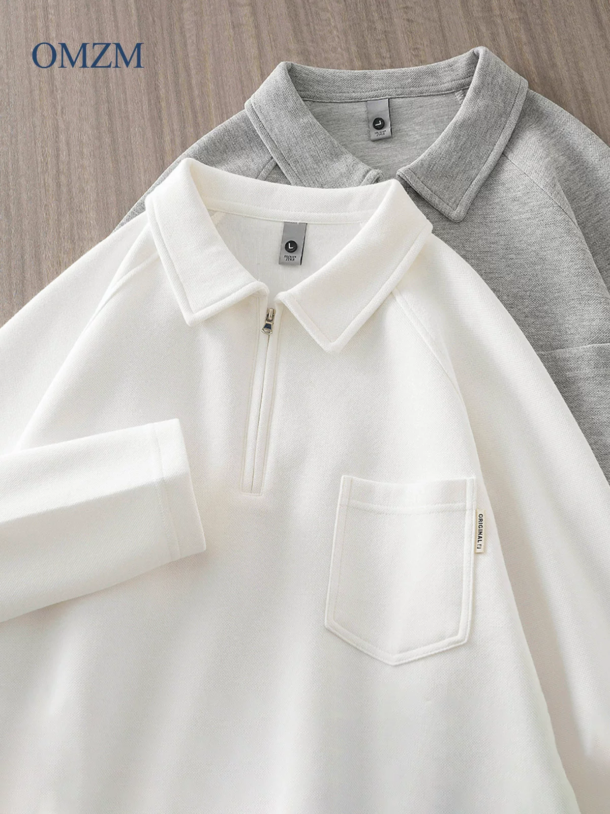 Áo polo chất liệu cotton pique dày dặn dành cho nam, mùa thu 2024, kiểu dáng rộng rãi, tay raglan dài, màu trơn, cổ áo sơ mi nửa khóa kéo.