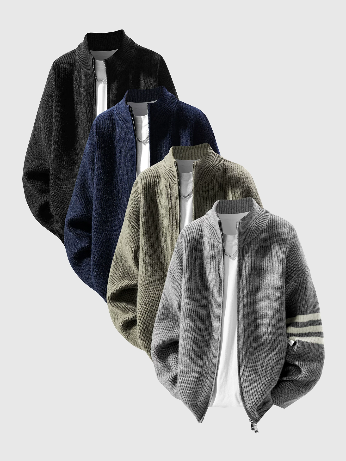 Áo len dệt kim cổ cao nửa cổ OMZM dành cho nam, áo len dáng rộng có khóa kéo hợp thời trang mùa đông, áo khoác len tay sọc cổ điển