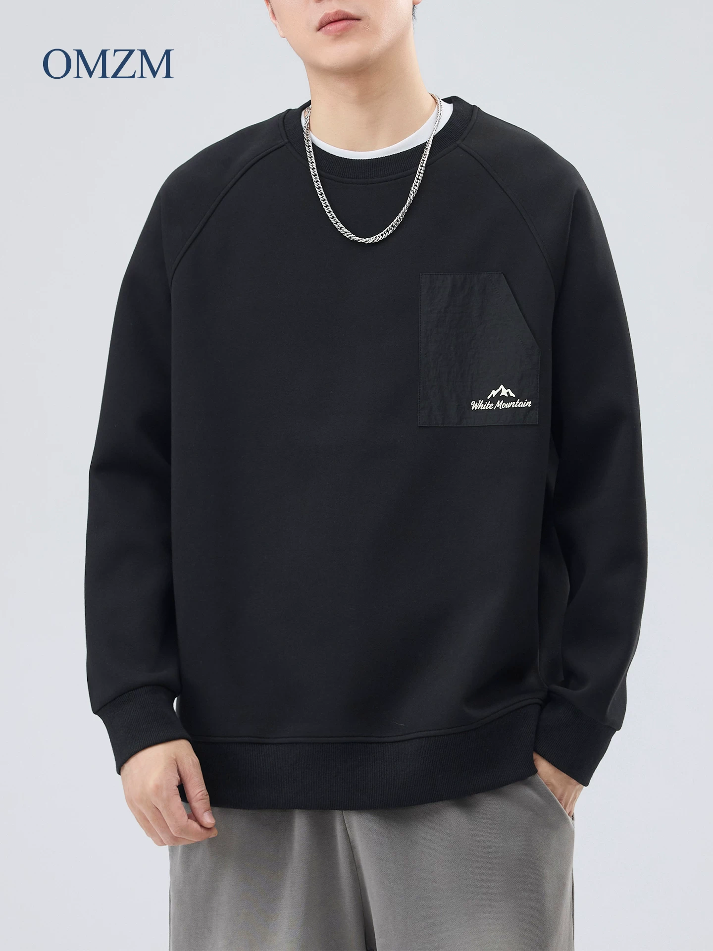 Áo len tay raglan hạng nặng OMZM300G dành cho nam, áo chui đầu dài tay có túi thêu phong cách Mỹ mùa thu không có mũ trùm đầu.