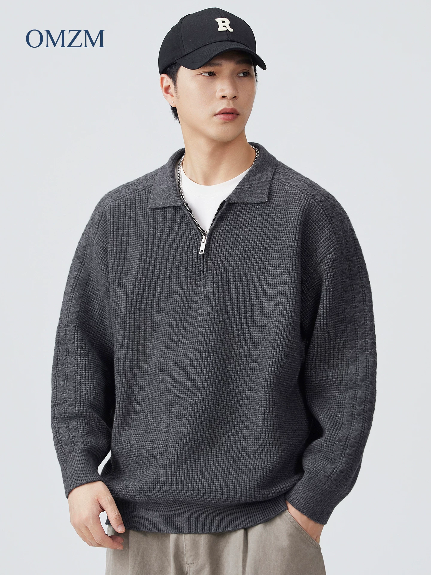 Áo len nửa khóa kéo hạng nặng OMZM800G dành cho nam, áo len cổ trụ dệt kim màu trơn phong cách retro Mỹ mùa thu