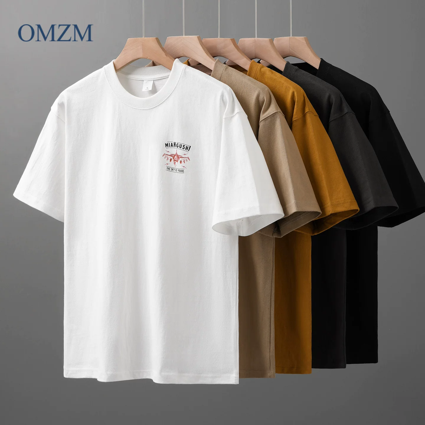OMZM320G Áo thun cotton nguyên chất hạng nặng ngắn tay unisex mùa hè dáng rộng cổ tròn in hình phong cách Mỹ vai thường nửa tay áo