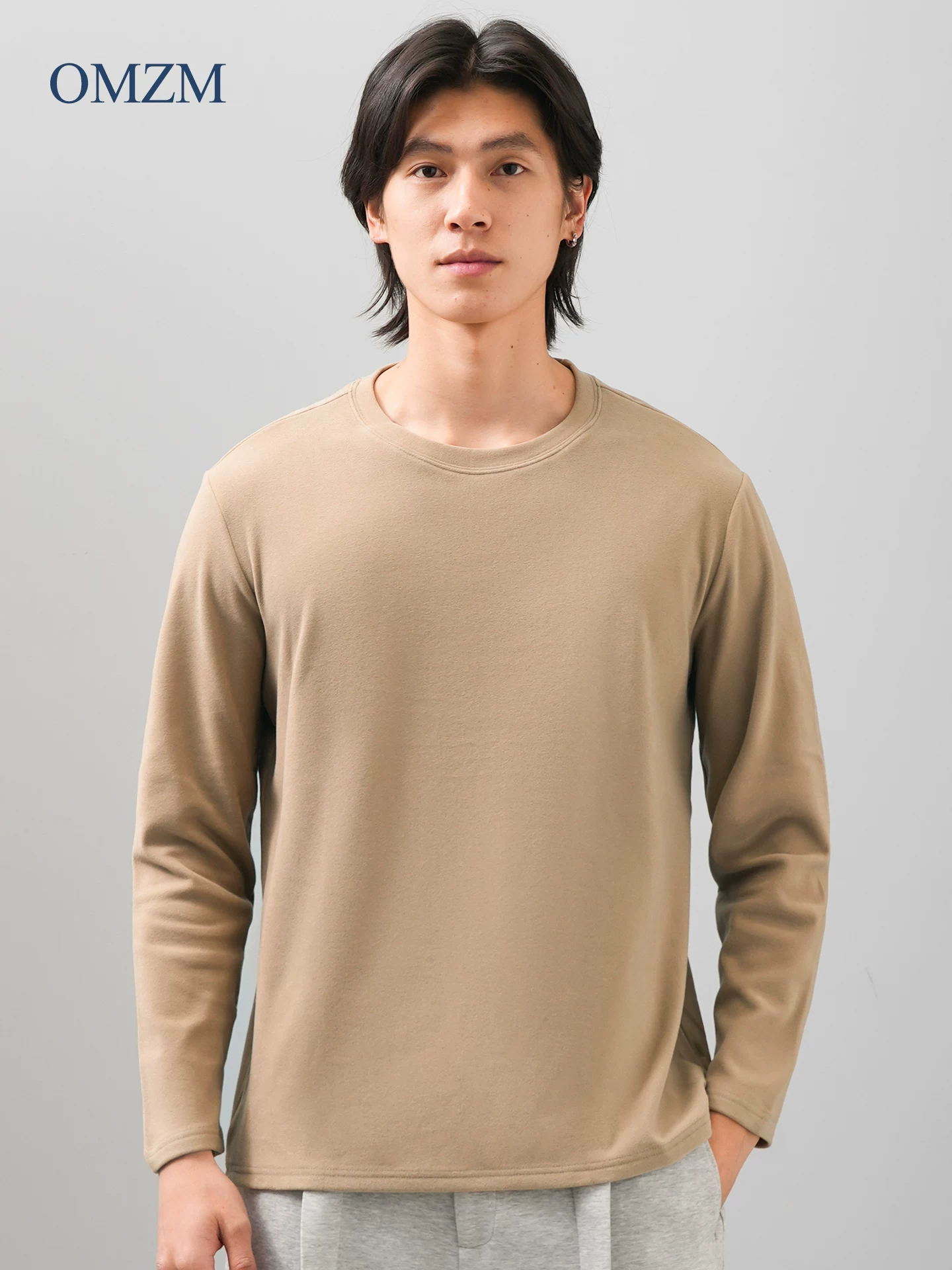 Áo sơ mi lớp lót cổ tròn giữ nhiệt hai mặt OMZM dành cho nam, trang phục bên trong dày dặn ấm áp mùa thu đông, áo thun dài tay hạng nặng 320G.