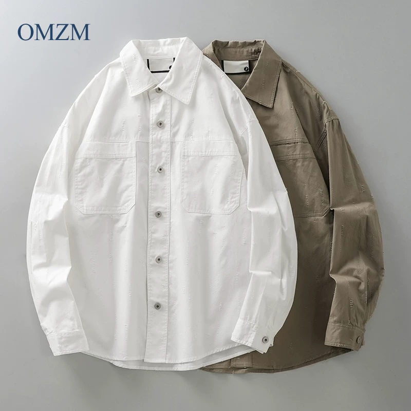 Áo sơ mi công sở bằng cotton nguyên chất kiểu Mỹ OMZM dành cho nam, áo sơ mi trắng màu trơn mùa xuân thu, áo khoác dài tay cổ bẻ dáng rộng thông thường