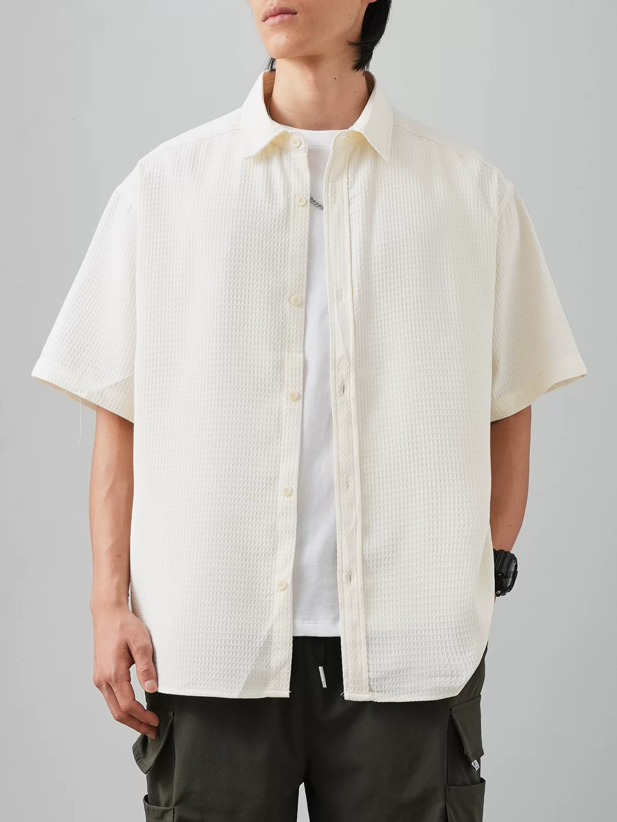 OMZM Áo sơ mi ngắn tay kiểu waffle cao cấp kiểu Mỹ dành cho nam, áo mỏng bằng lụa băng mùa hè, áo khoác rộng rãi chống nhăn, hợp thời trang.