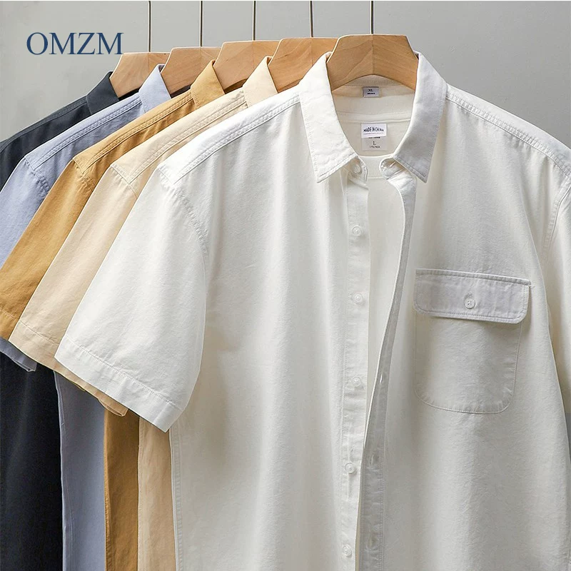 Áo sơ mi công sở nặng kiểu Mỹ OMZM dành cho nam, áo khoác ngắn tay mùa hè hợp thời trang thương hiệu cao cấp, áo sơ mi trắng cotton nguyên chất