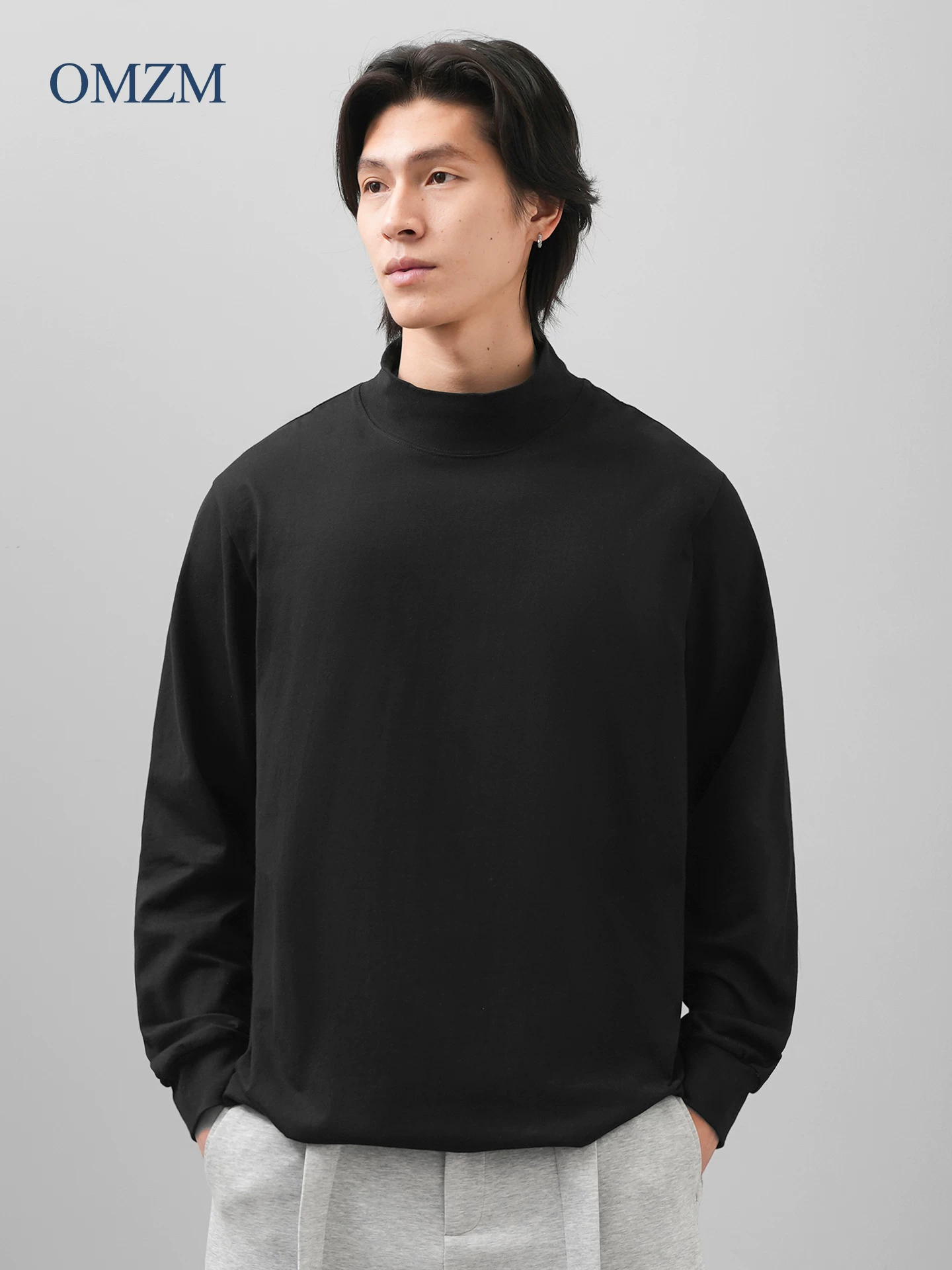 OMZM hạng nặng cổ cao nửa cổ bằng cotton nguyên chất dài tay dành cho nam mùa thu đông Áo thun mới lớp nền áo thun mặc bên trong áo giữ ấm