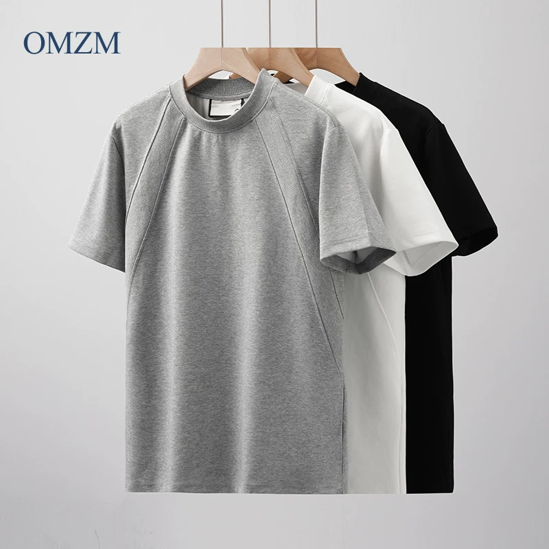 Áo thun cotton không gian hạng nặng OMZM280G dành cho nam và nữ, thiết kế mùa hè với áo thun nửa tay màu trơn có viền màu trơn, kiểu dáng hộp, vai thường