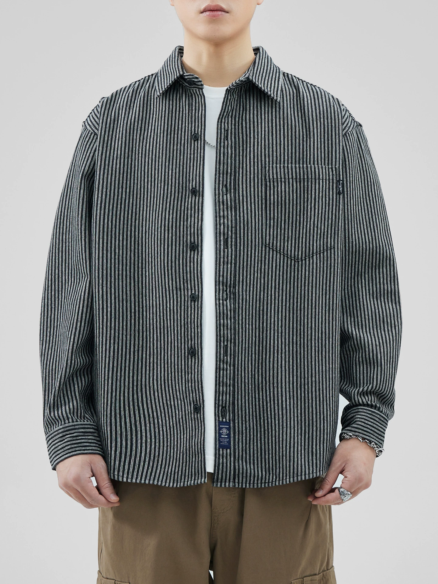 Áo sơ mi sọc cotton dày dặn OMZM dành cho nam, dài tay, mùa thu, phong cách retro Nhật Bản, áo sơ mi công sở dáng rộng, áo khoác dáng rộng