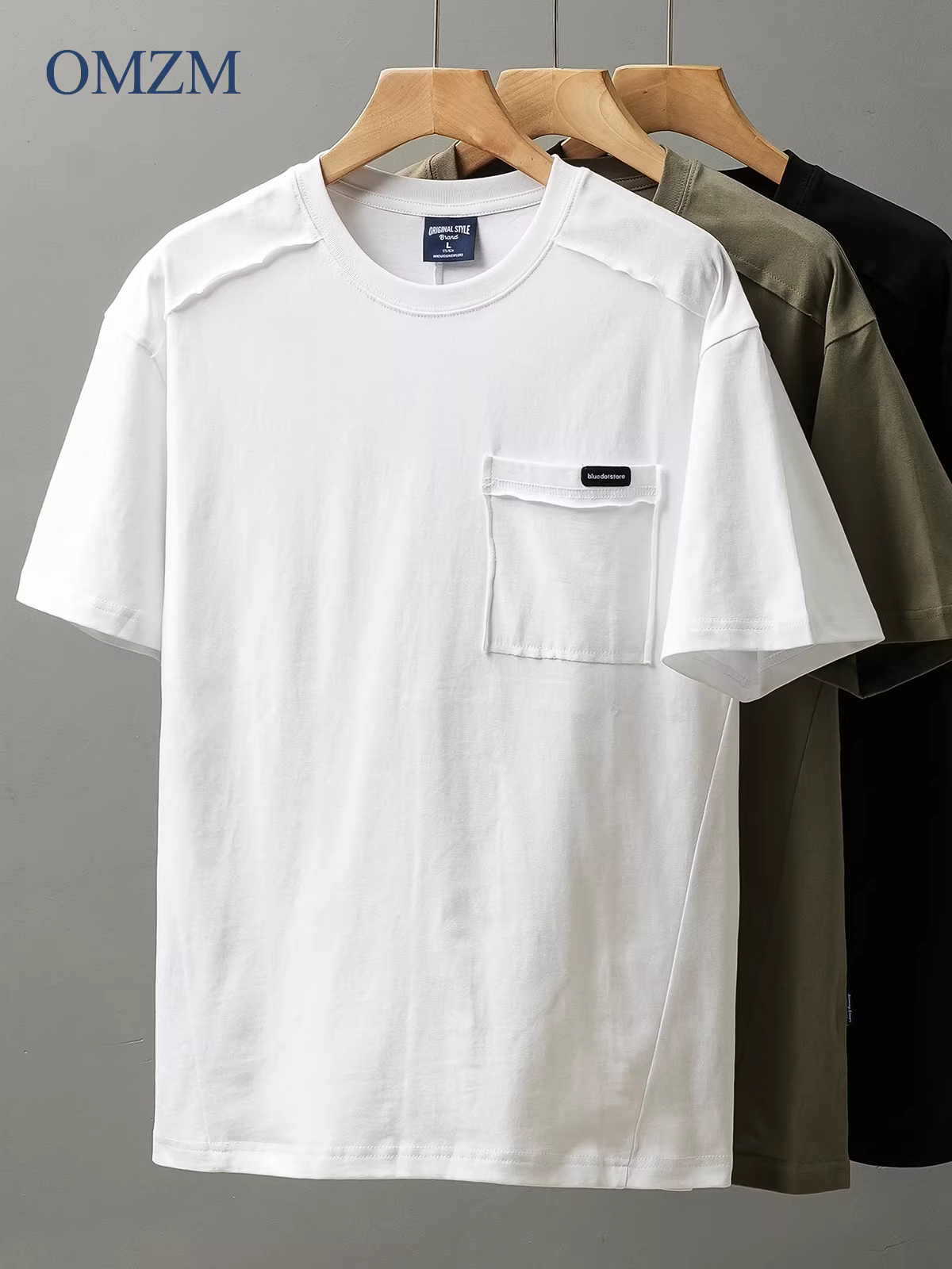 Áo thun ngắn tay bằng cotton nguyên chất hạng nặng OMZM260G dành cho nam, áo thun có túi màu trơn cổ điển mùa hè, cổ tròn rộng nửa tay