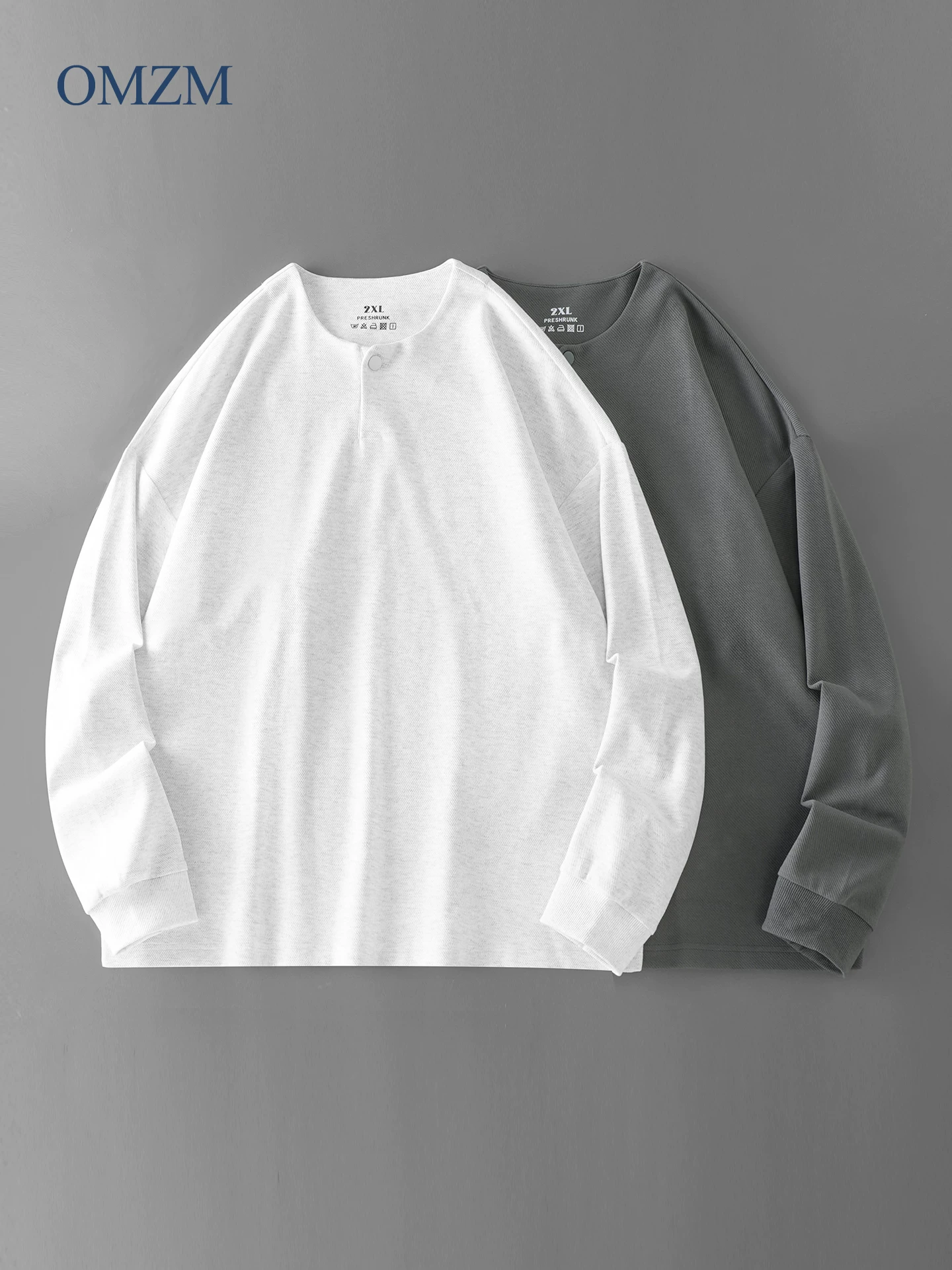Áo thun dài tay cổ henley hạng nặng OMZM260G dành cho nam, áo sơ mi màu trắng phong cách Mỹ mùa thu, áo sơ mi mùa thu lớp trong, áo sơ mi henley.