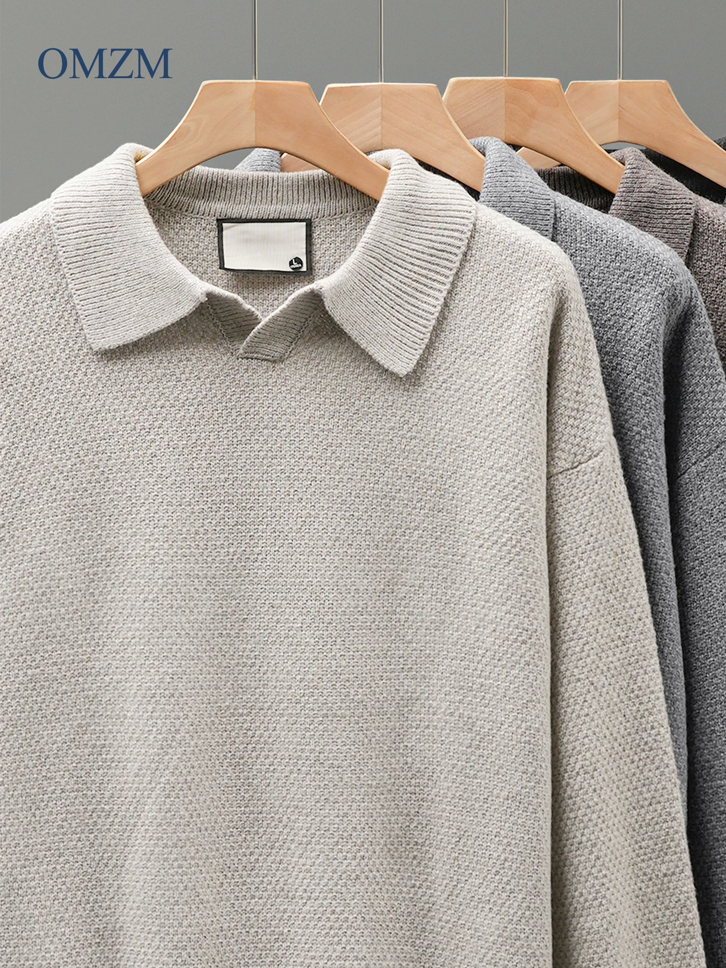 OMZM Áo len cổ POLO hạng nặng 700G phong cách Mỹ dành cho nam giới, phong cách lười biếng mùa thu, áo len dáng rộng giản dị, áo len cổ điển