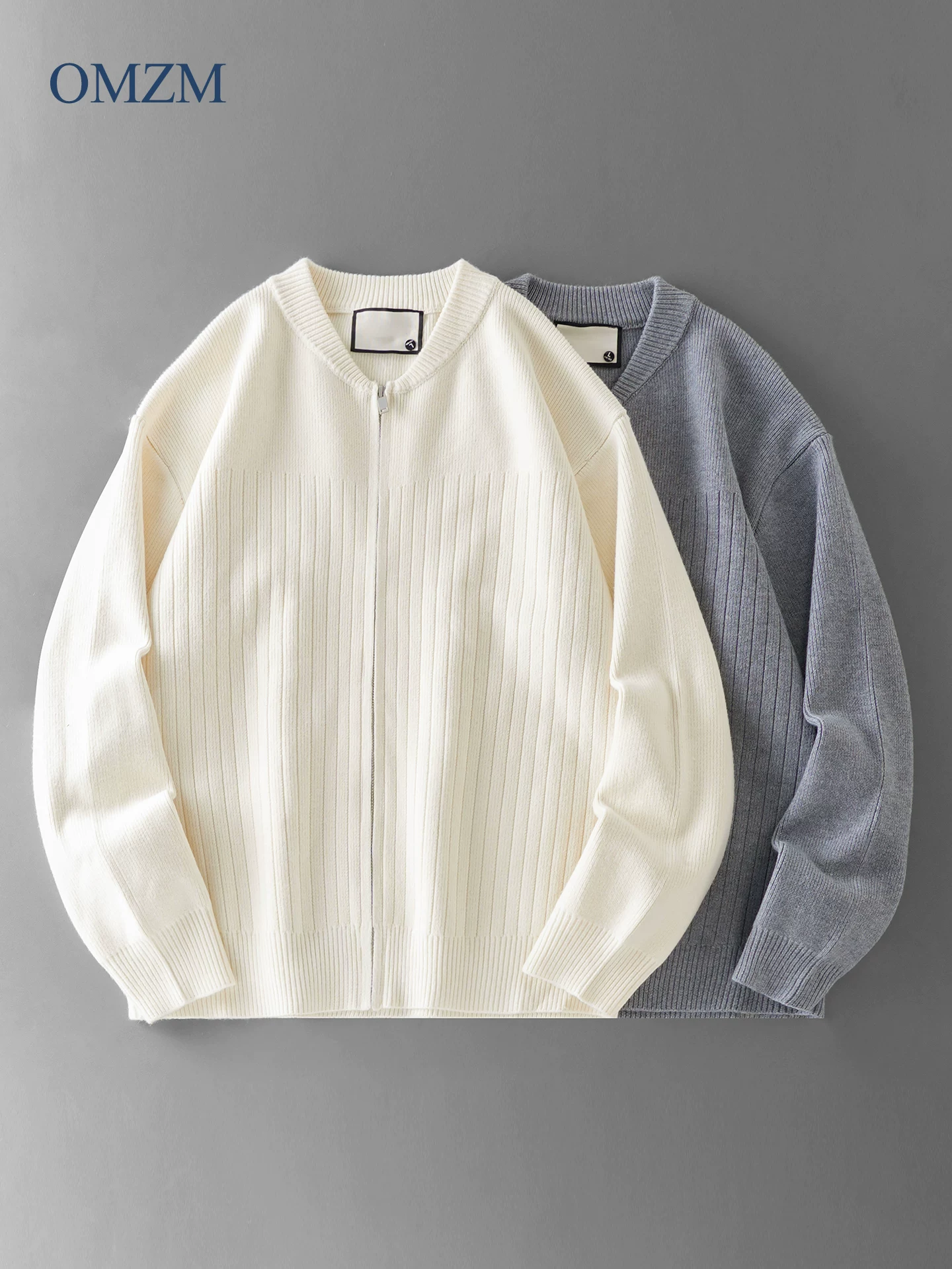 OMZM hạng nặng bóng chày cổ áo dệt kim áo khoác nam mùa thu phong cách Mỹ ấm áp dây kéo áo len cardigan màu trơn dệt kim