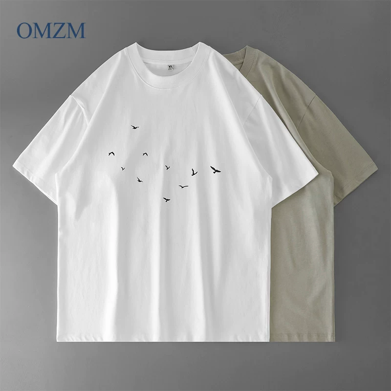 Áo thun ngắn tay bằng cotton nguyên chất hạng nặng OMZM280G dành cho nam và nữ, áo thun mùa hè mát mẻ và nhanh khô, áo thun nửa tay cổ tròn thêu kiểu Mỹ