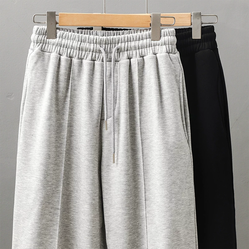 Quần jogger lót lông cừu hạng nặng kiểu Mỹ của OMZM dành cho nam, quần thể thao chắp vá dày dặn mùa đông, quần dài thường ngày màu xám