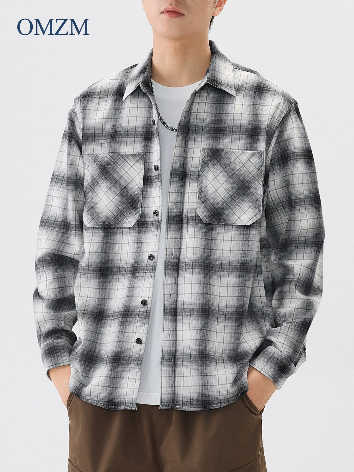 Áo khoác sơ mi flannel dày OMZM dành cho nam, thu đông 2024, kiểu dáng cổ điển, kẻ ca rô, chất liệu chải mềm, tay dài, áo khoác công sở