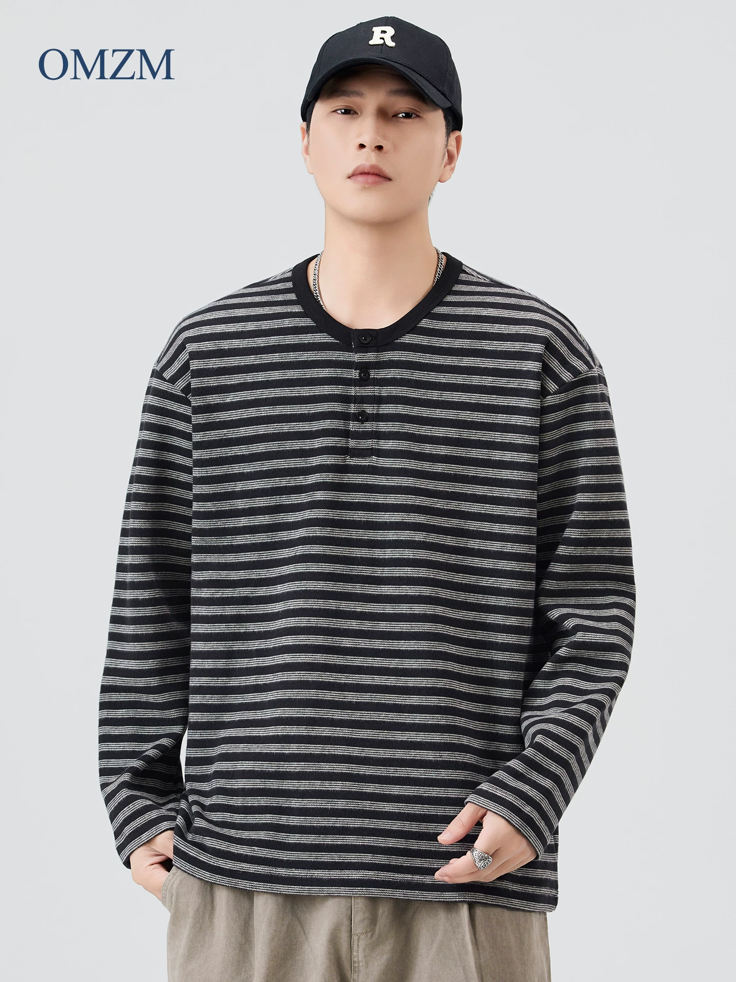 Áo len sọc cổ Henry kiểu Mỹ của OMZM dành cho nam, áo sơ mi cơ bản dài tay đơn giản, đa năng, mới, thoải mái cho mùa thu đông.
