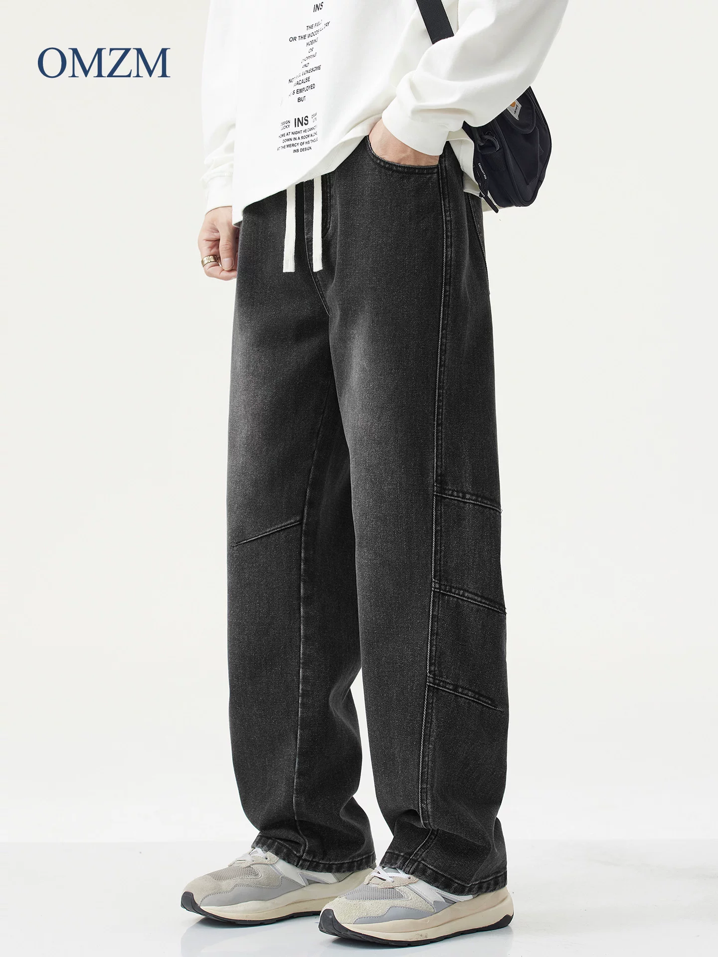 Quần jean cổ điển kiểu Mỹ OMZM dành cho nam, quần ống rộng dáng rộng mùa thu, quần công sở lưng thun trẻ trung, quần thường ngày