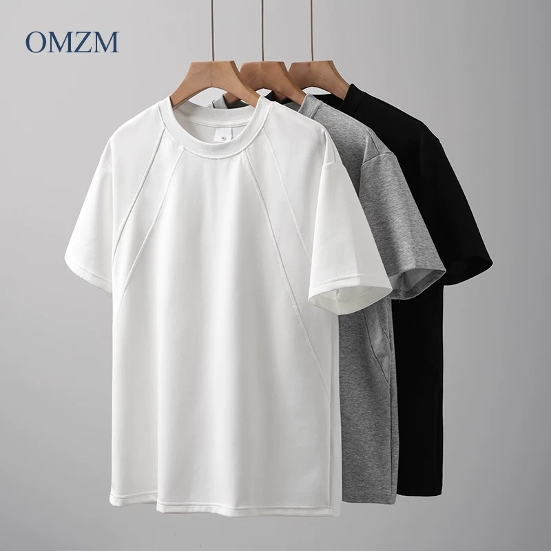 Áo thun ngắn tay bằng vải cotton hạng nặng OMZM280G dành cho nam, áo thun trắng chắp vá mùa hè, dáng rộng, tay lửng vai thường.