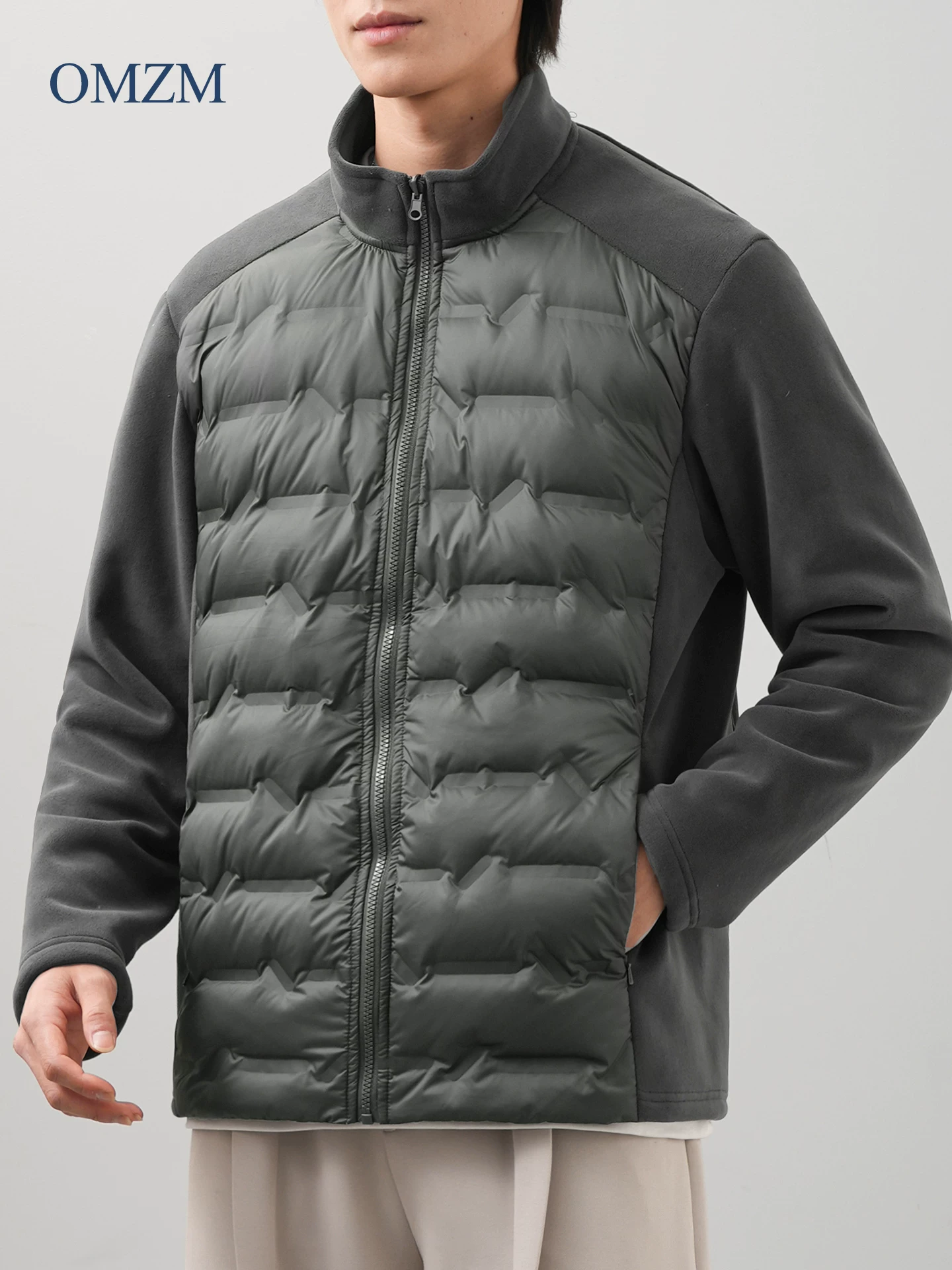 Áo khoác phao nhẹ OMZM90 màu trắng, chất liệu lông vũ, dành cho nam, mùa đông, phối lông cừu, dáng rộng, ấm áp, cổ đứng