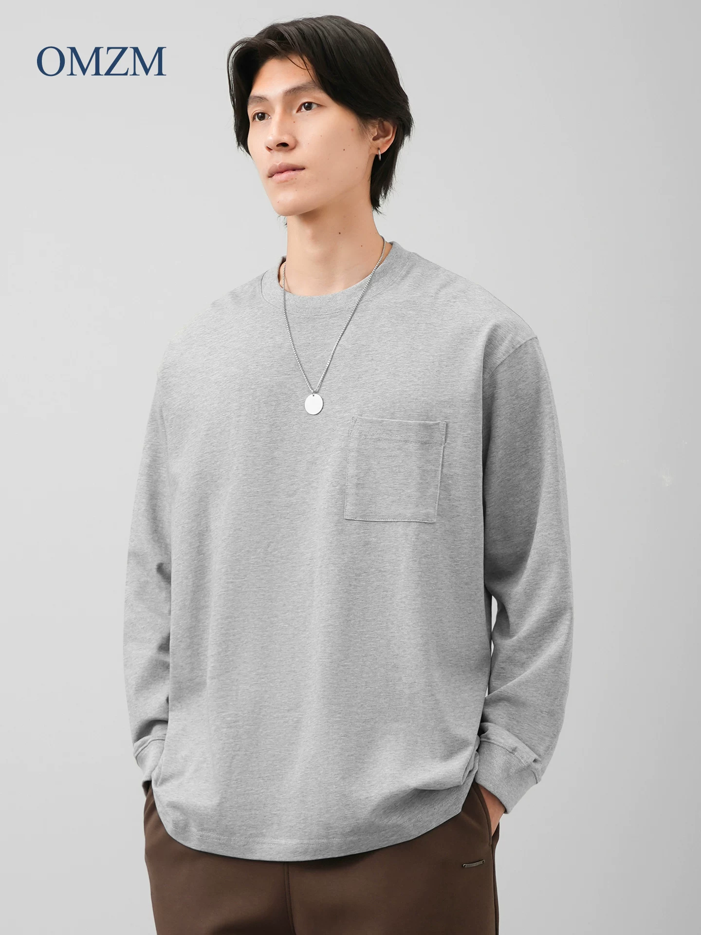 Áo thun dài tay chất liệu cotton nguyên chất hạng nặng 400G dành cho nam, áo len cổ tròn dáng rộng phong cách Mỹ mùa thu, áo lót màu trắng.