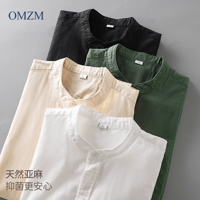 Áo sơ mi dài tay cổ đứng bằng vải lanh OMZM dành cho nam, áo sơ mi cotton và vải lanh thoáng khí mùa xuân và mùa thu, áo sơ mi nhiều lớp màu trơn thông thường của Mỹ