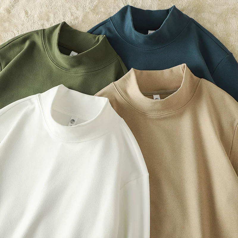 OMZM Áo sơ mi cổ cao nửa cổ bằng nhung Đức hai mặt 320G kiểu Mỹ dành cho nam, áo nỉ dài tay màu trơn cao cấp mùa đông.