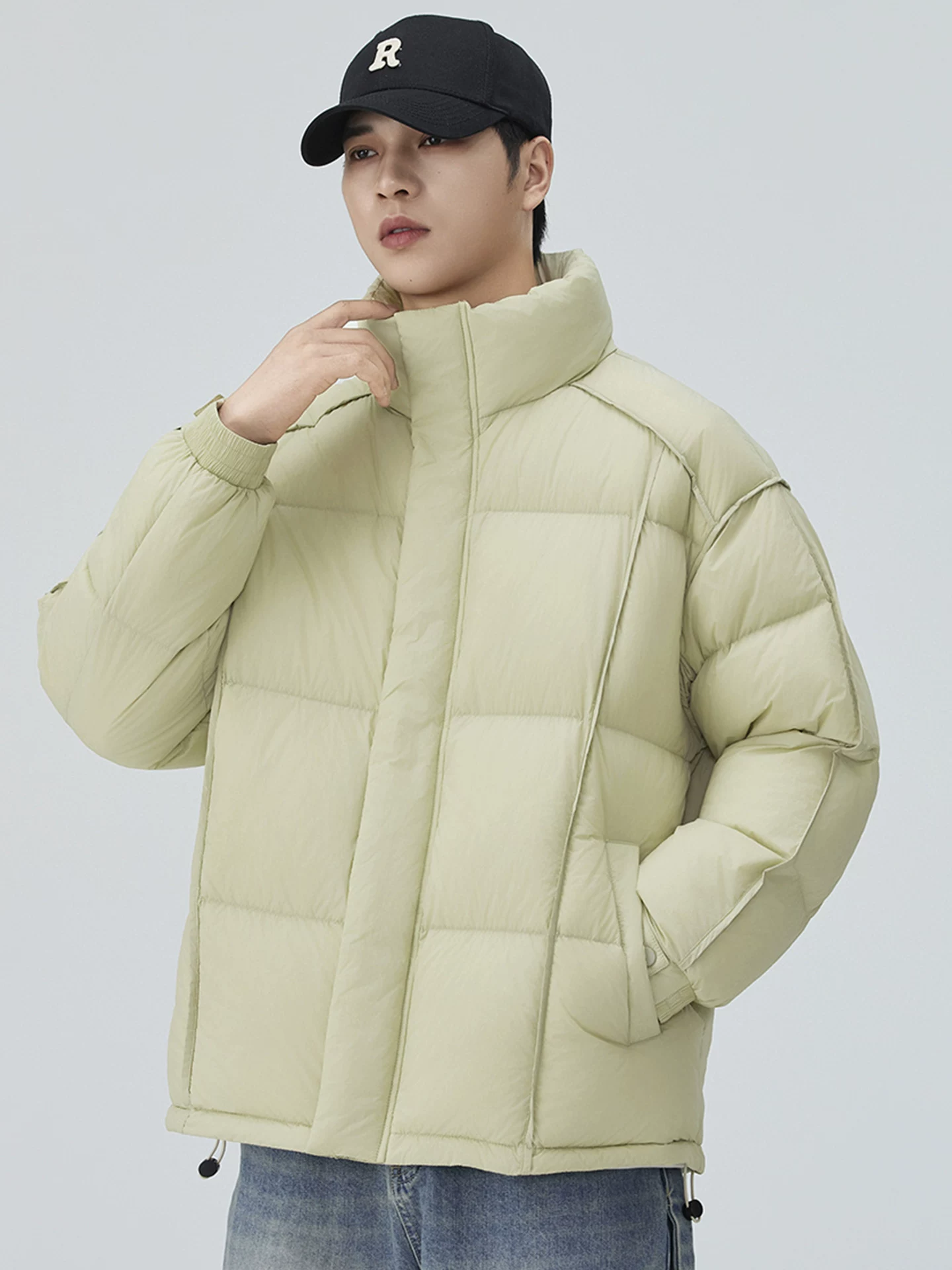 Áo khoác lông vịt OMZM Dopamine dành cho nam, phong cách mùa đông kiểu Mỹ, lót lông cừu, áo khoác cổ đứng dày, màu trơn, áo khoác phao ấm áp.