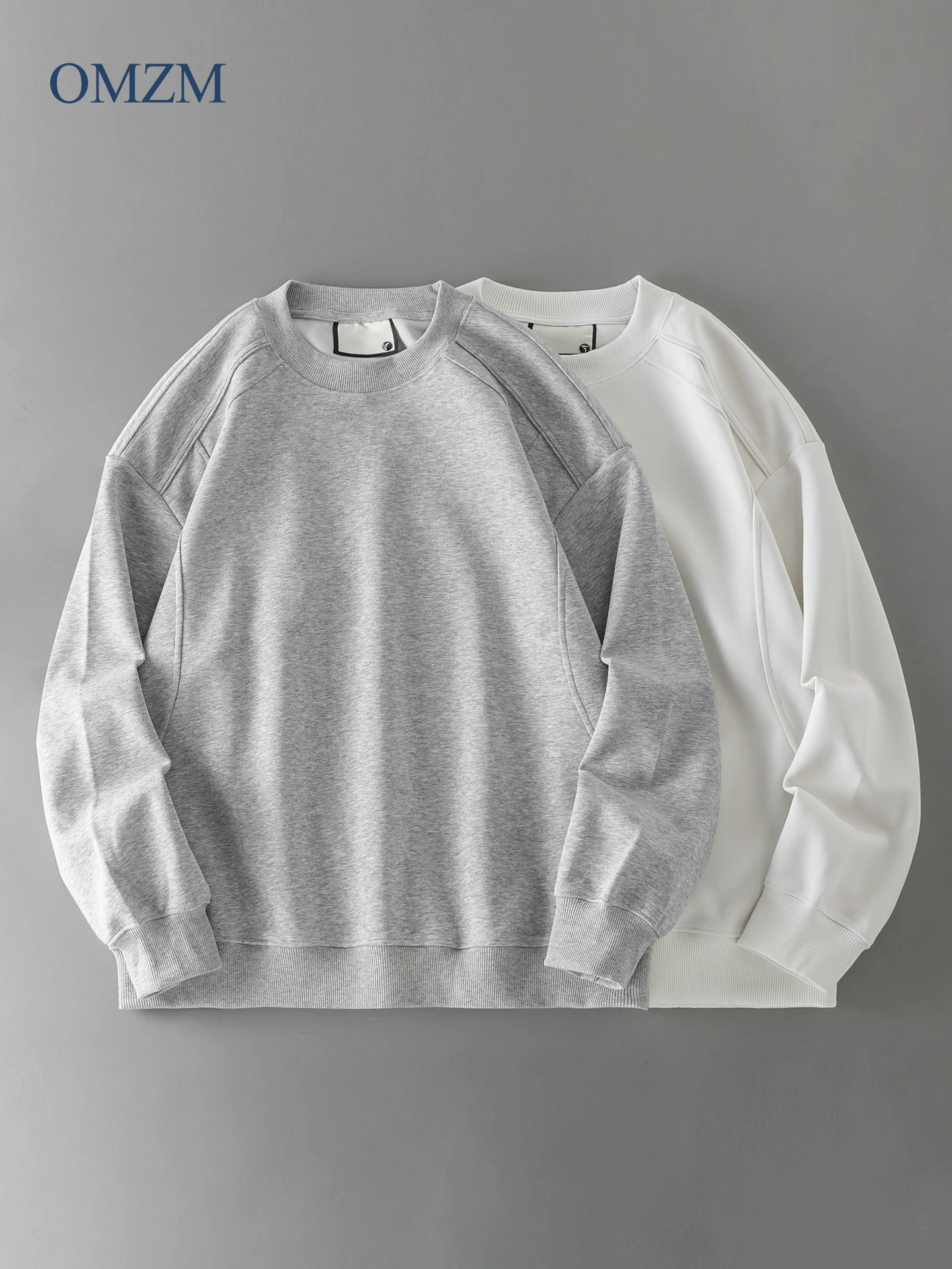 Áo thun cotton hạng nặng OMZM300G dành cho nam, áo sơ mi dài tay chắp vá phong cách Mỹ mùa thu, áo sơ mi mùa thu cổ tròn lớp trong