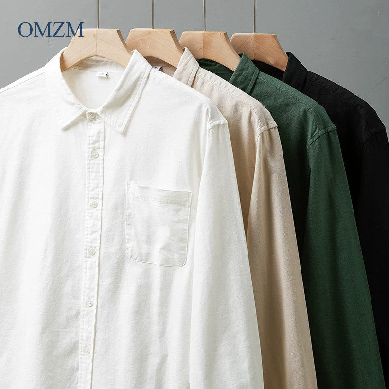 Áo sơ mi dài tay bằng vải lanh OMZM dành cho nam, áo sơ mi vải lanh cotton màu trắng mùa xuân thu, trang phục công sở cao cấp, áo khoác sơ mi có ve áo rộng