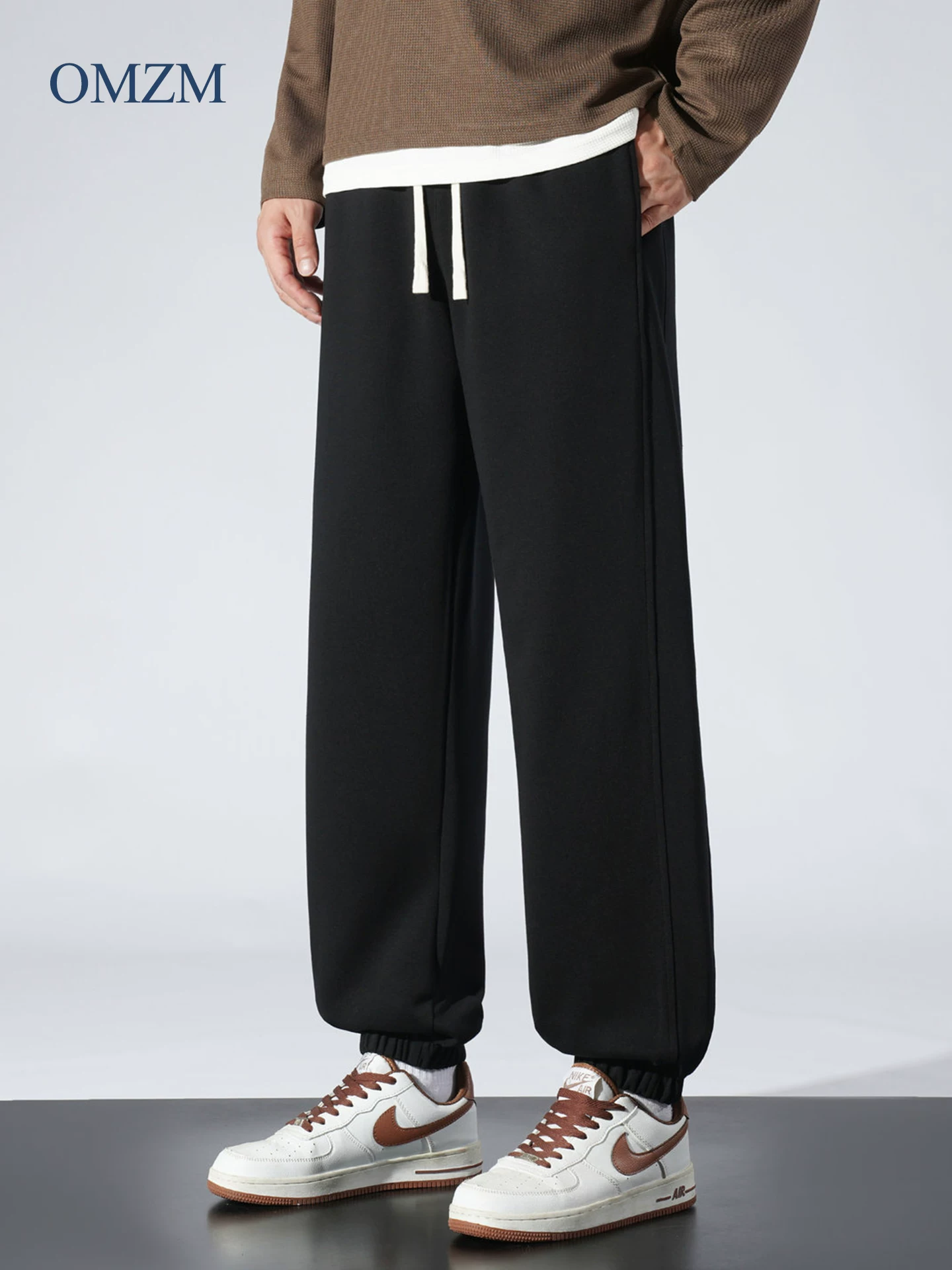 Quần thể thao lót lông cừu hạng nặng OMZM dành cho nam, quần jogger dày dặn ấm áp mùa thu đông, quần thể thao chắp vá phong cách Mỹ dành cho giới trẻ