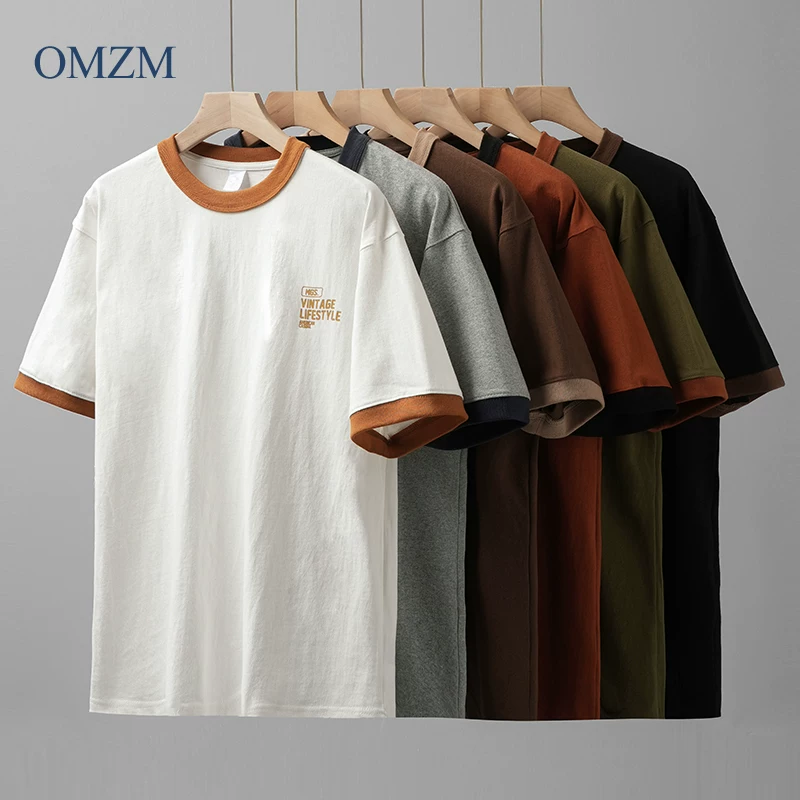 Áo thun nam cotton 100% dày dặn 320G, kiểu dáng mới hè 2025, phong cách Mỹ thời thượng, in họa tiết phối màu, cổ tròn, tay ngắn