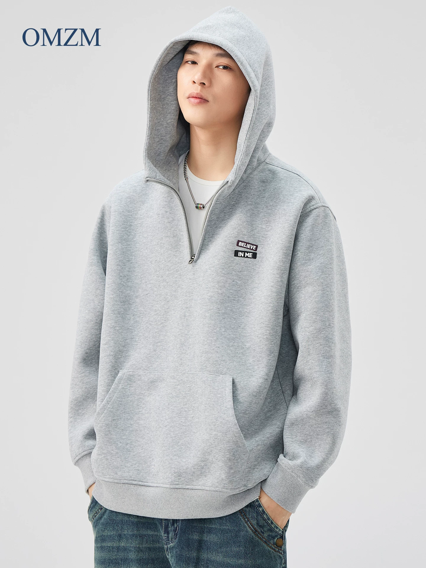 Áo hoodie nửa khóa kéo OMZM dành cho nam, mùa thu đông, áo hoodie in chữ nặng 420G, áo khoác cặp đôi rộng rãi
