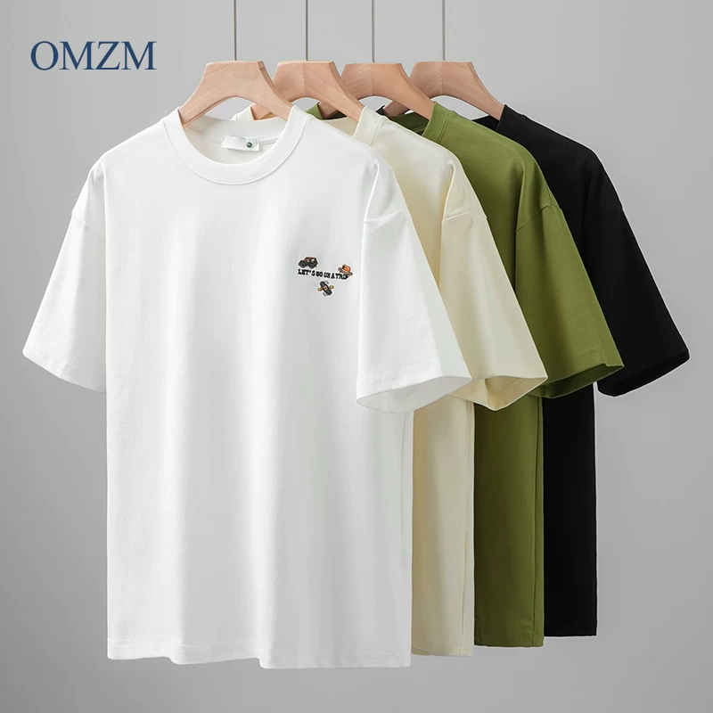 Áo thun OMZM chất liệu lụa băng mát lạnh, tay ngắn, kiểu dáng rộng rãi phong cách Mỹ, thiết kế thêu, cổ tròn, mặc thường ngày dành cho nam mùa hè