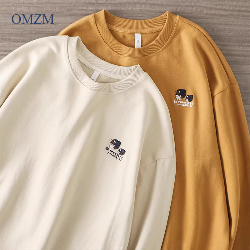 Áo nỉ cổ tròn hạng nặng 340G kiểu Mỹ dành cho nam, áo khoác dài tay không mũ thêu theo xu hướng quốc gia mùa thu