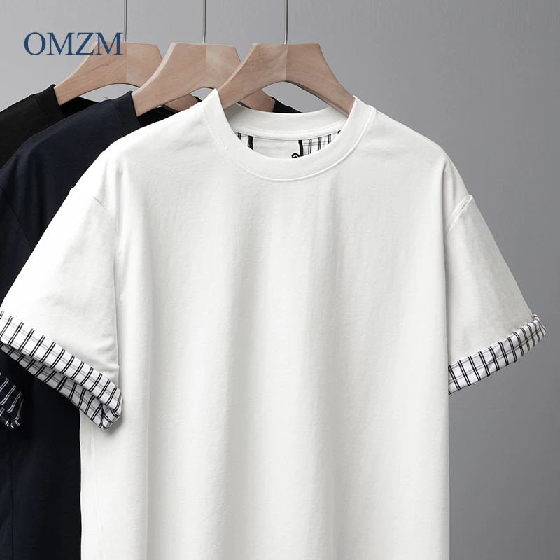 Áo thun giả hai mảnh OMZM dành cho nam và nữ, tay ngắn, chất liệu dày dặn, kiểu dáng mùa hè, phối màu, cổ tròn, màu trơn, tay lửng, kiểu dáng thông thường