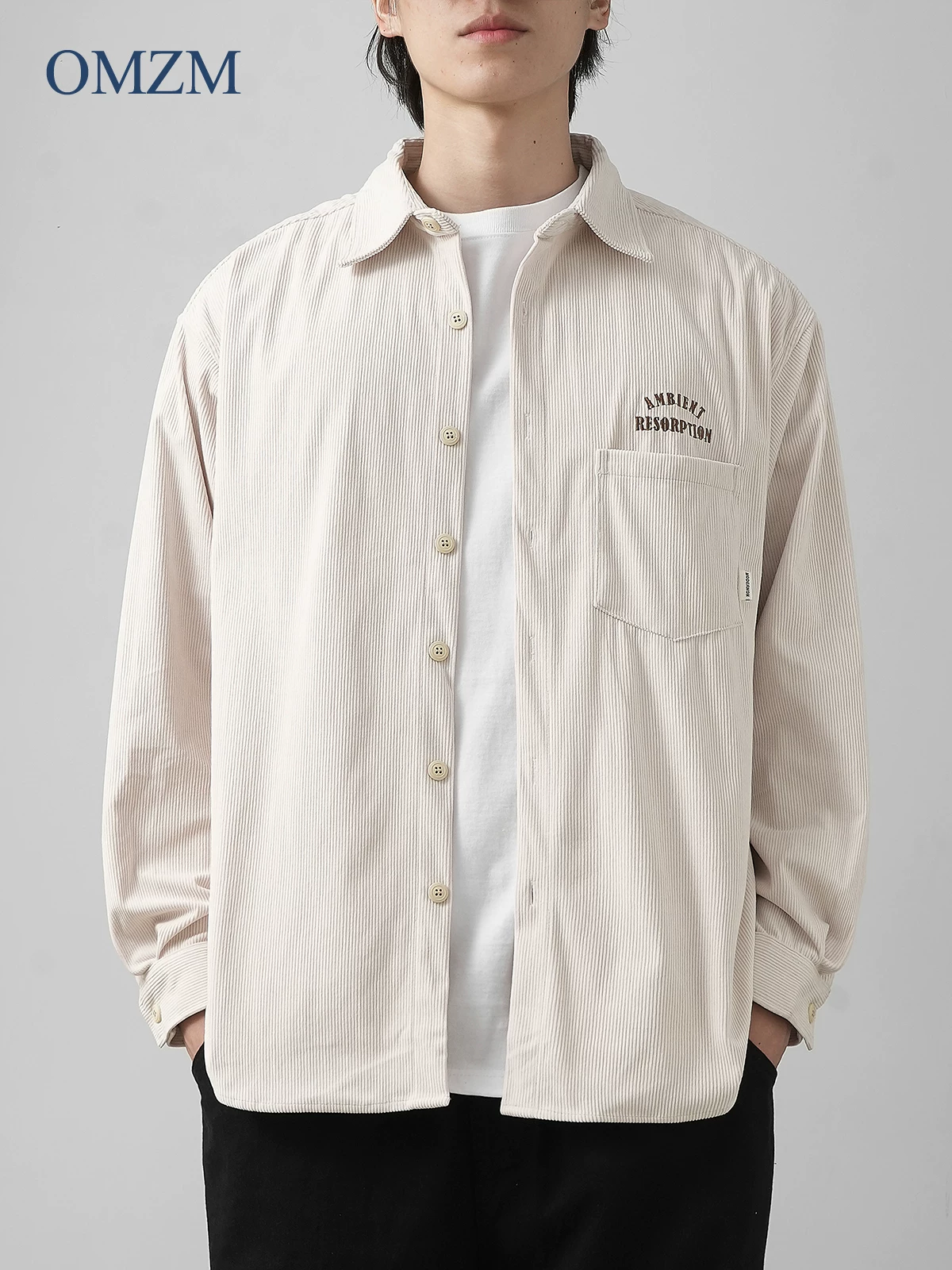 OMZM Áo sơ mi vải nhung dày kiểu Mỹ áo khoác dài tay mùa thu áo sơ mi thêu chữ cao cấp áo khoác công sở