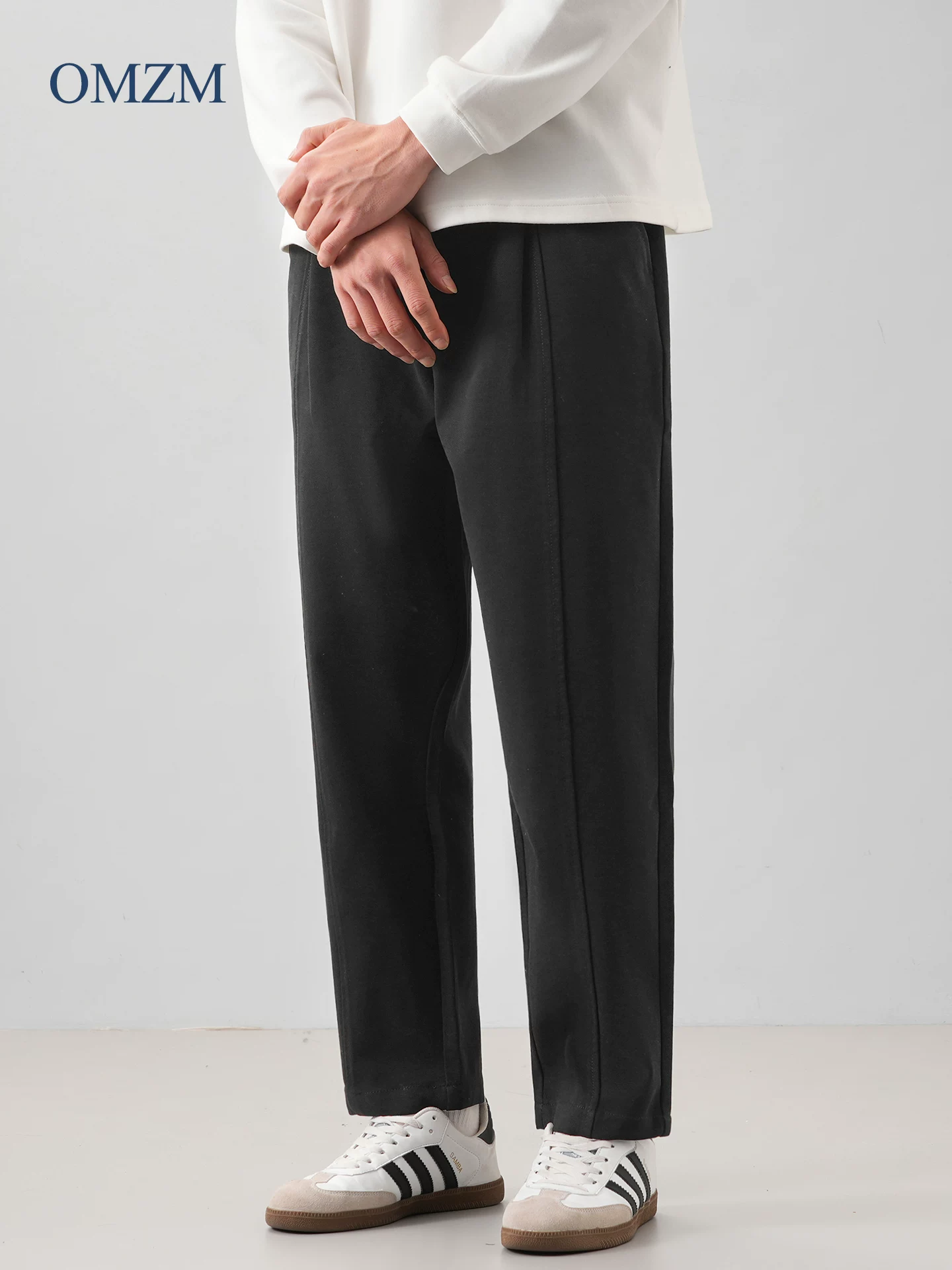 Quần âu dáng thẳng hạng nặng OMZM dành cho nam, mùa thu đông kiểu Mỹ cổ điển, quần dài phối màu trơn, quần thể thao ống côn