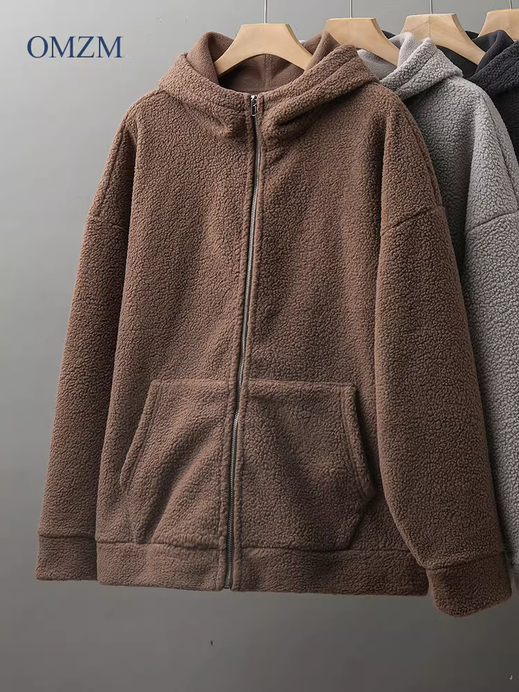 Áo nỉ có mũ trùm đầu hạng nặng OMZM500G dành cho nam, áo khoác cotton ấm lót lông cừu mùa thu đông, áo khoác cotton giả lông cừu