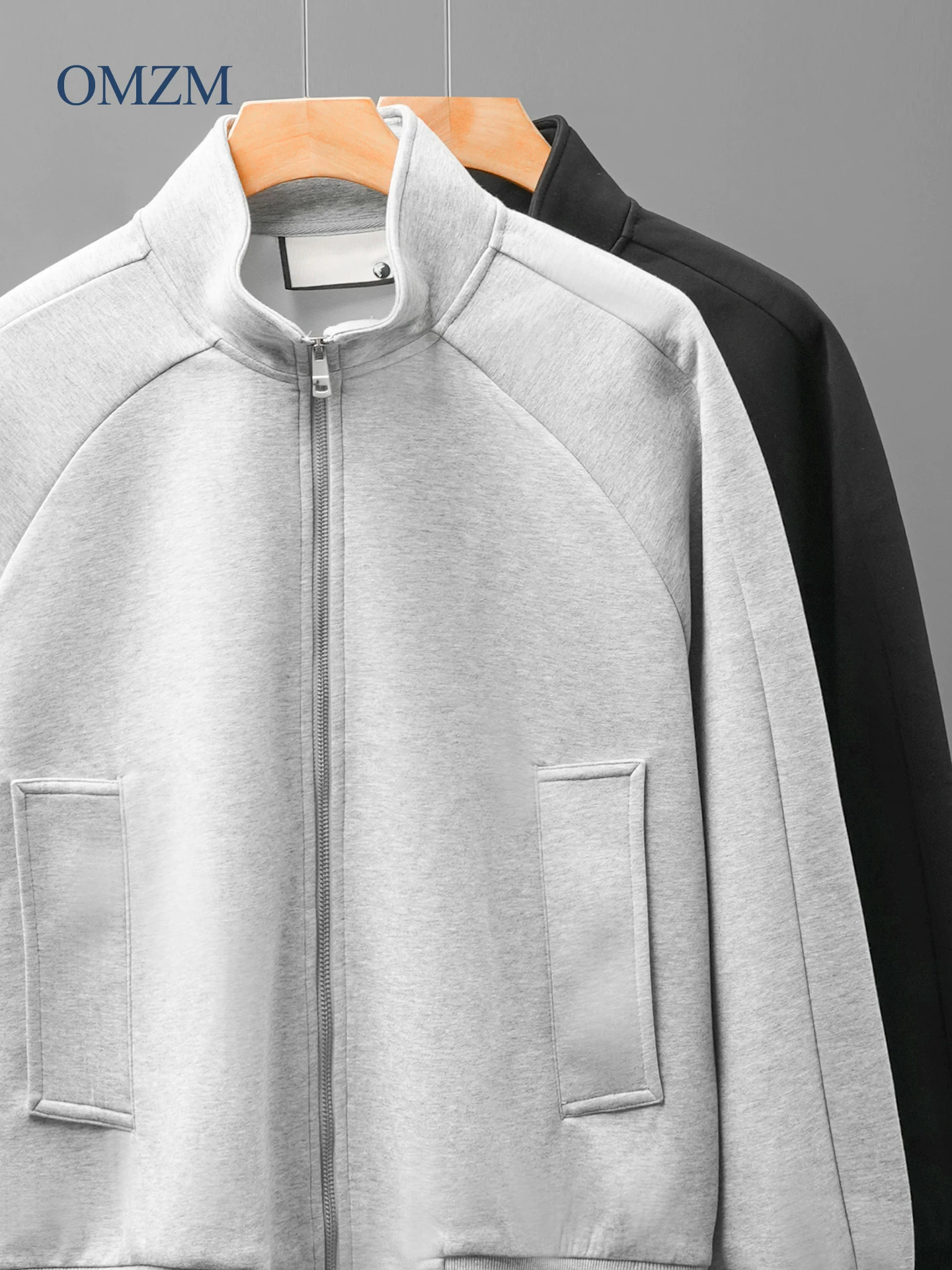 Áo len cardigan cổ đứng hạng nặng OMZM400G dành cho nam, áo khoác có khóa kéo chắp vá được thiết kế lại cho mùa thu đông, áo khoác dáng rộng