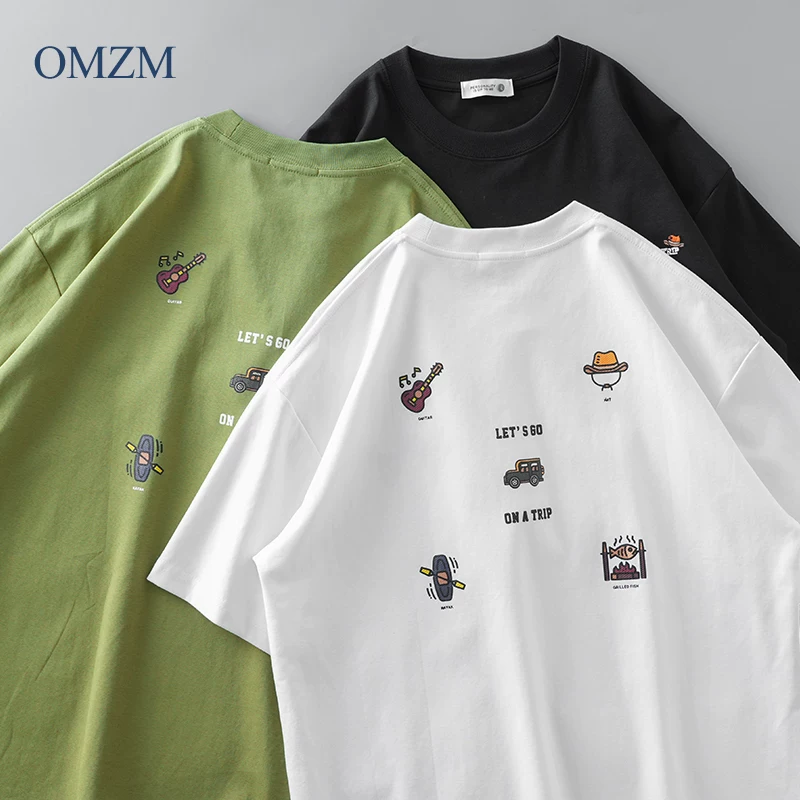 Áo thun OMZM chất liệu lụa băng mát lạnh, tay ngắn, kiểu dáng rộng rãi phong cách Mỹ, thiết kế thêu, cổ tròn, mặc thường ngày dành cho nam mùa hè