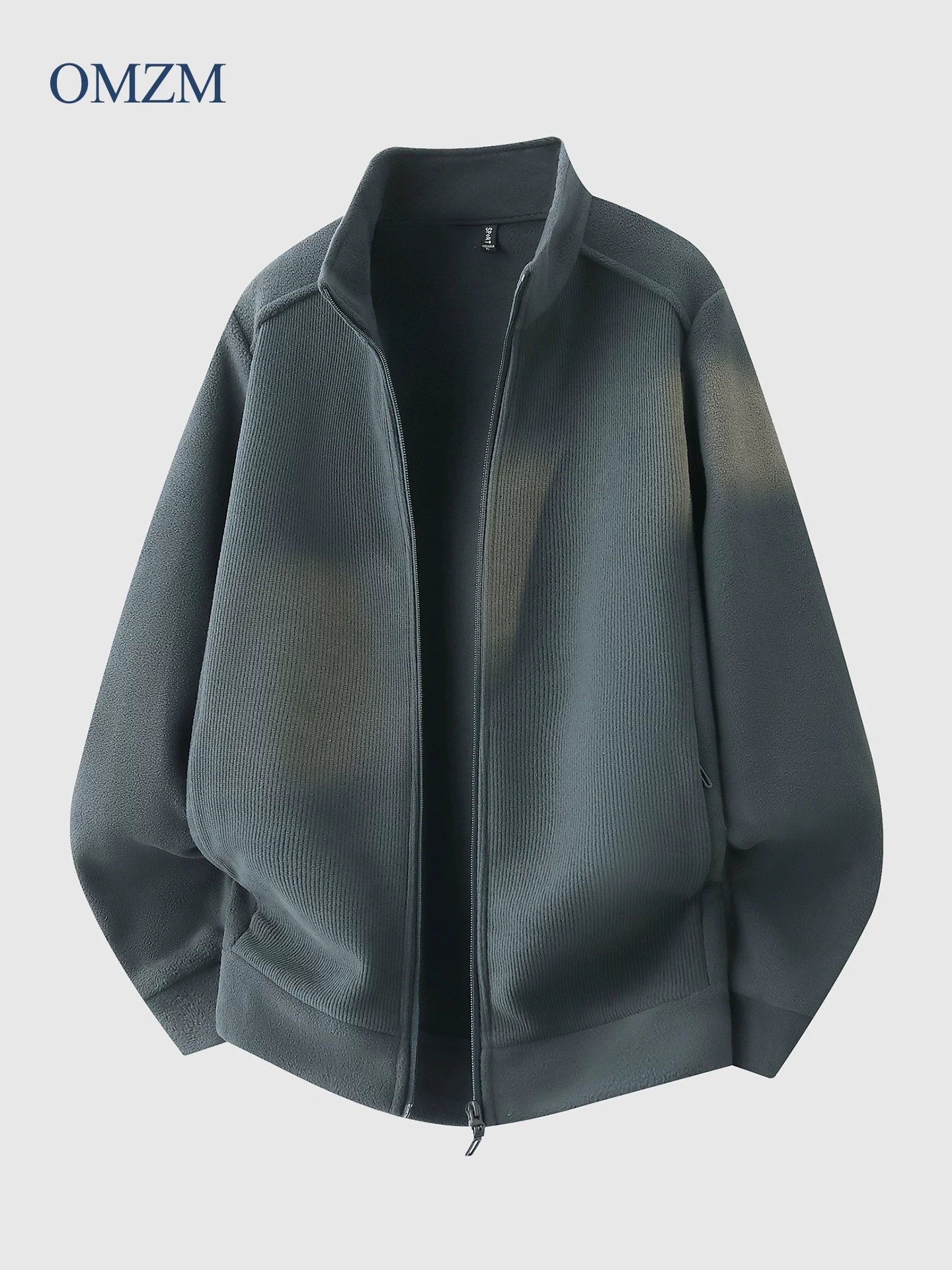 Áo khoác lông cừu cổ đứng hạng nặng OMZM dành cho nam, áo khoác cardigan có khóa kéo ấm áp lót lông cừu phong cách Mỹ mùa đông, áo khoác ngoại cỡ màu trơn