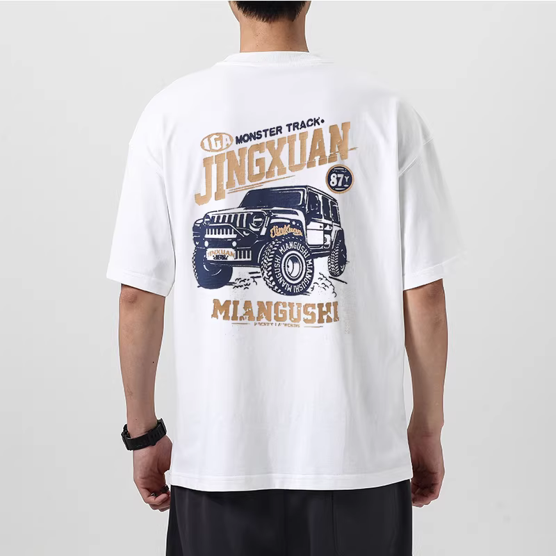 Áo thun ngắn tay hạng nặng 320g phong cách Mỹ OMZM dành cho nam, áo sơ mi cơ bản in họa tiết cổ điển hợp thời trang mùa xuân, cổ tròn nửa tay bằng cotton nguyên chất