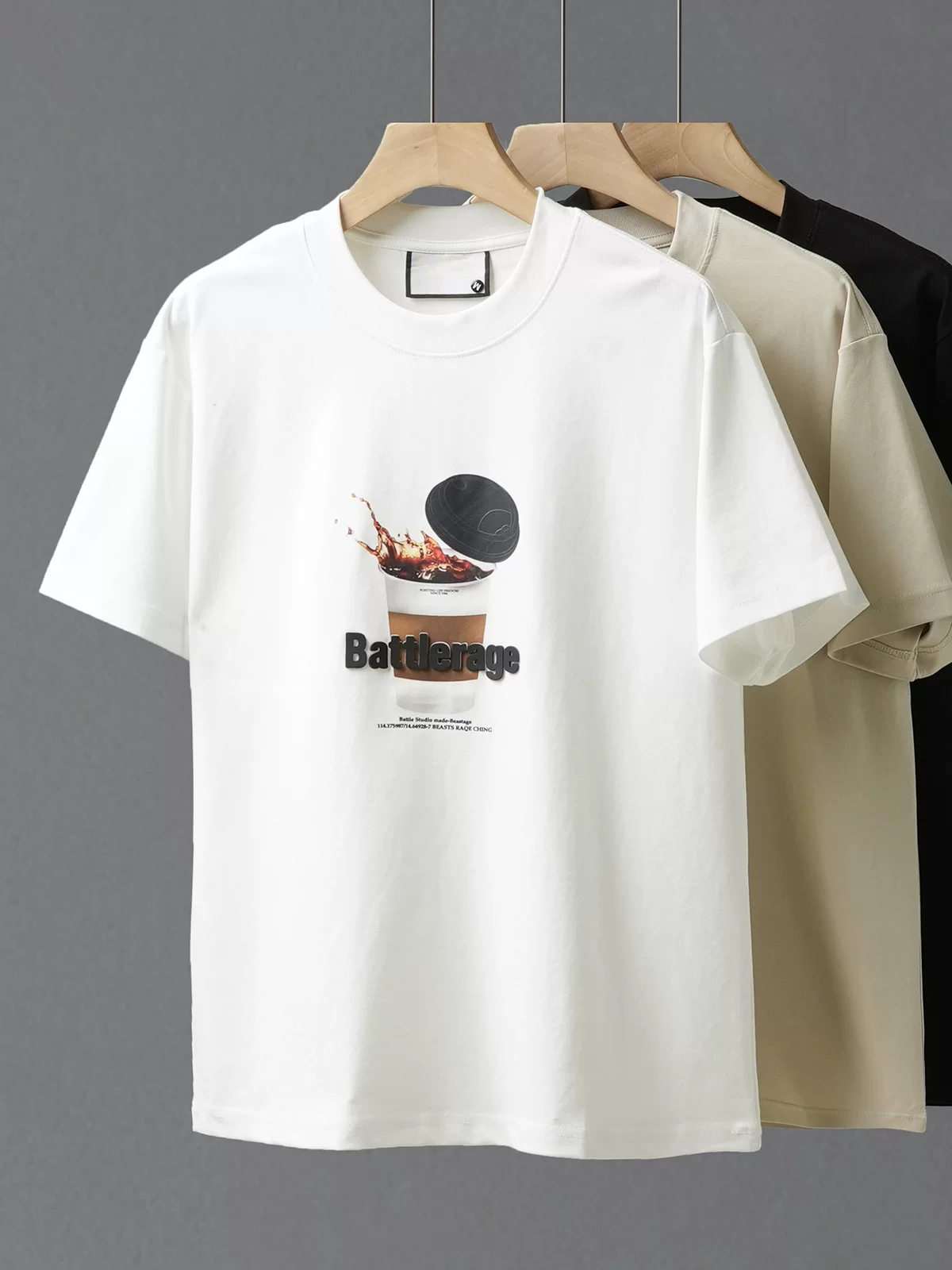 [Coffee Print] Áo thun ngắn tay sợi đôi hạng nặng kiểu Mỹ dành cho nam, áo thun cổ tròn dáng rộng cổ điển mùa hè kiểu cổ tròn nửa tay