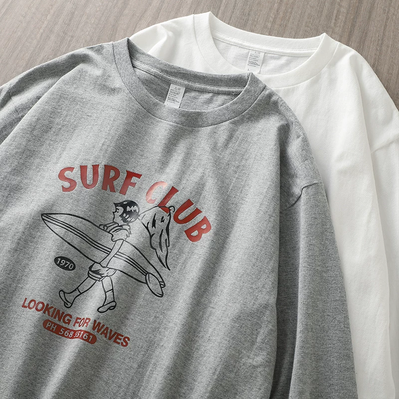 OMZM Áo thun dài tay in hình phong cách Mỹ 300g nặng, áo thun dài tay dành cho nam, áo thun cổ tròn bằng cotton nguyên chất mùa thu đông