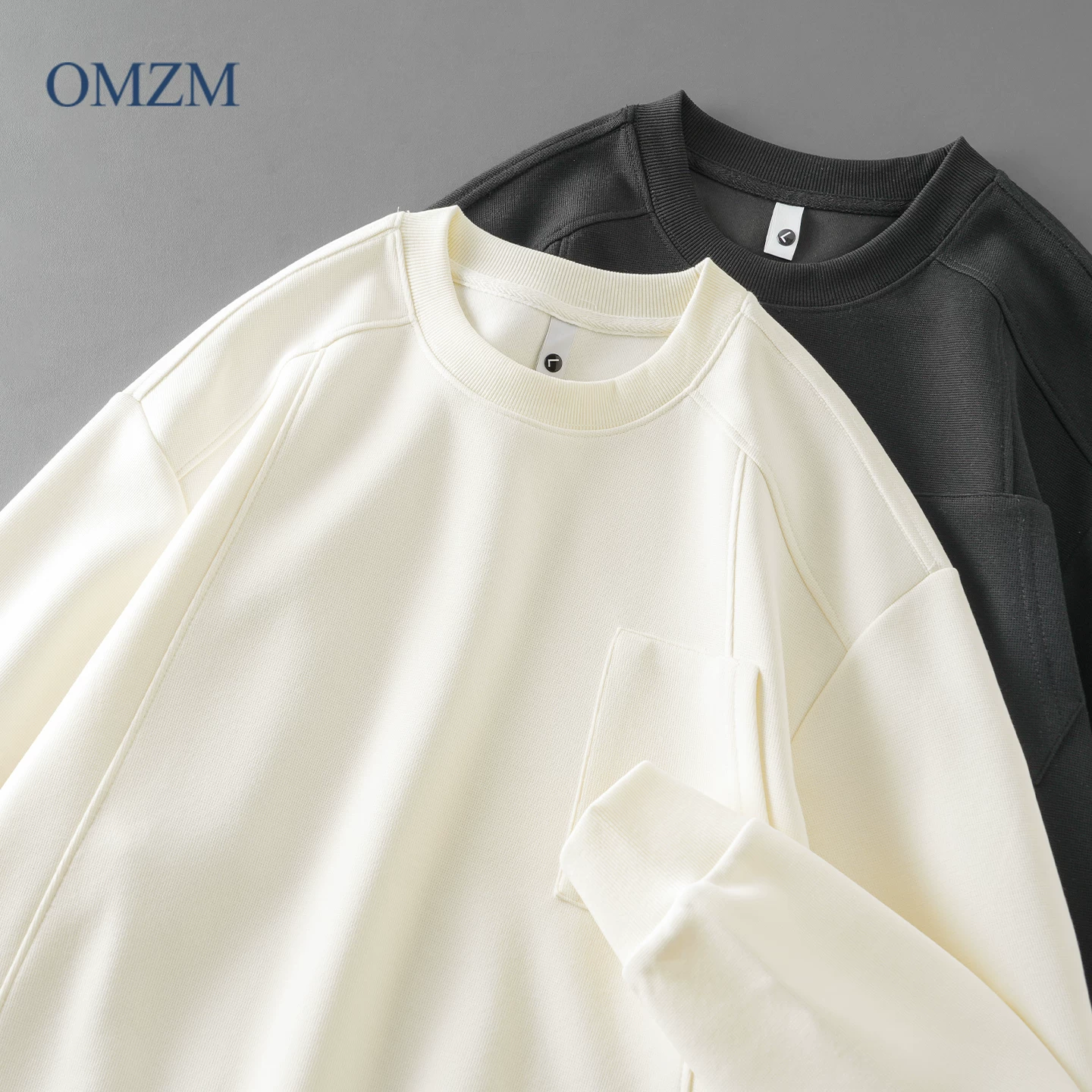 Áo nỉ cổ tròn hạng nặng OMZM320G dành cho nam, áo sơ mi dài tay có túi chắp vá phong cách Mỹ mùa thu, áo khoác chui đầu rộng rãi.